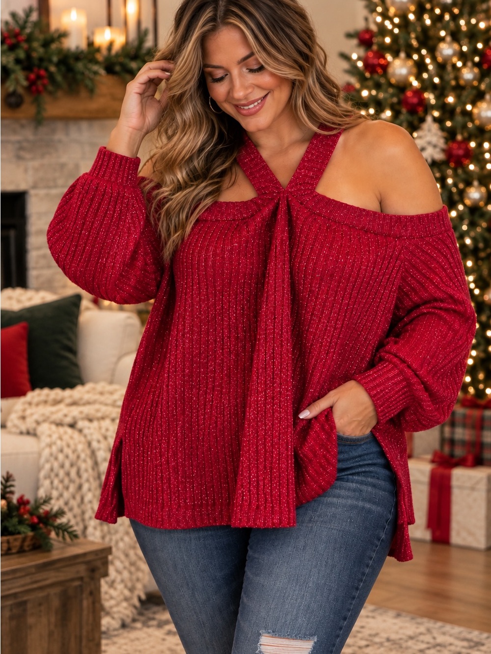 Chic Soul Red Sparkle Cold Shoulder Strappy Sweater Holiday Christmas